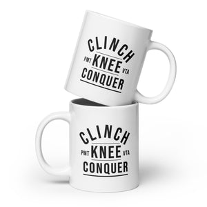 Clinch Knee Conquer: Vintage Muay Thai Warrior Path White Coffee Mug
